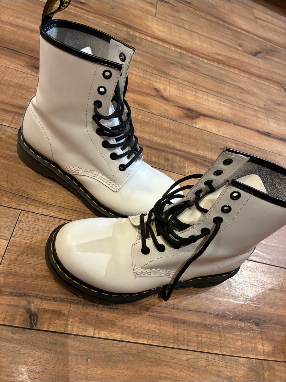Dr. Martens White Patent Lace-Up Combat Boots with Black Trim